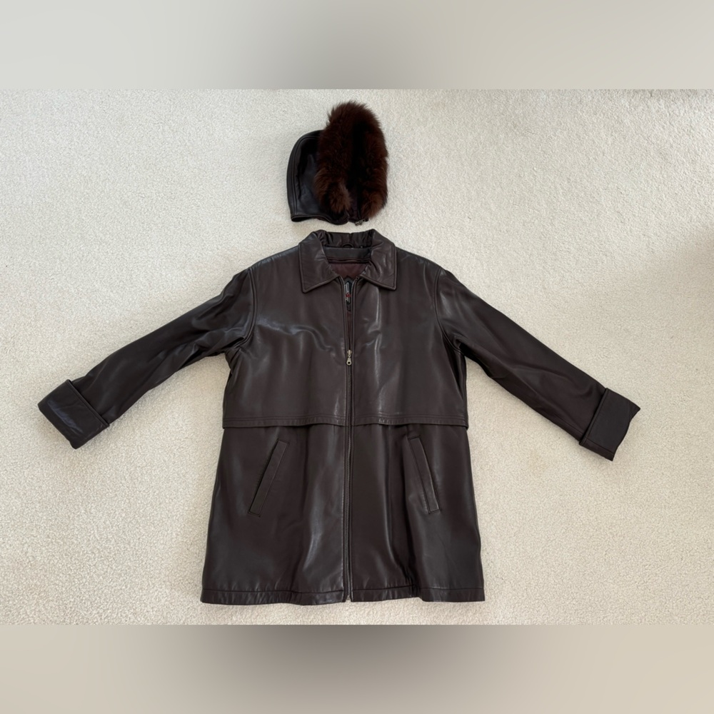 Tibor Leathers vintage brown leather trench coat - size XL